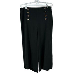 Loft Womens High-Waist Black Button Front Wide-Leg Pants Size 6